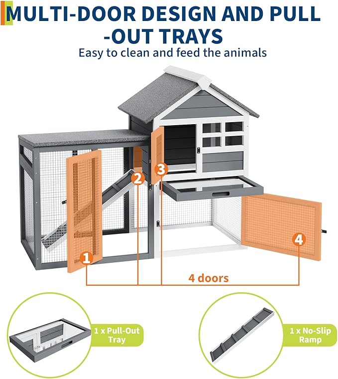2-Tier Rabbit & Chicken House,Wooden Chicken Coop & Bunny Cage with Non-Slip Ramp, 4 Doors,Waterproof Roof & Pull-Out Tray,Outdoor/Indoor Pet Cage-PurrikoPets