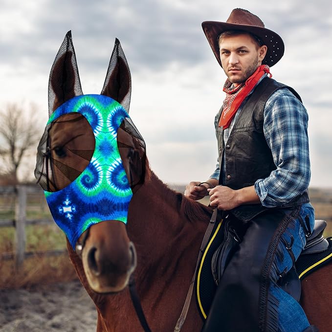 Frienda 4 Pieces Horse Fly Masks with Ears Face Covering UV Protection from Insect Pests Elasticity Smooth Comfortable Mesh Horse Mask Accessories(Tie-dye,Medium)-PurrikoPets