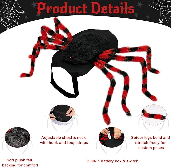 Dog Halloween Costume Large Breed, Furry Dog Spider Costume with 64 LED, Funny Halloween Dogs Costumes for Large Dogs Medium Pet Halloween Party Cosplay (Red)-PurrikoPets