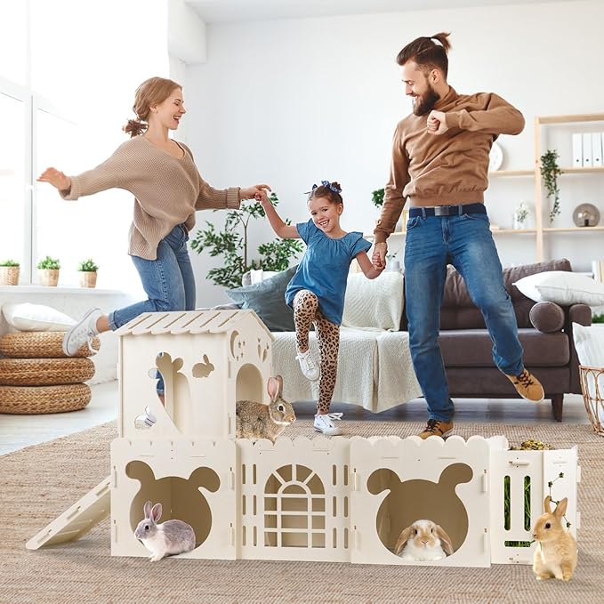 Extra Large Rabbit House, Wooden Bunny House Hideout with 4 Houses and Hay Feeder Indoor, Rabbit Guinea Pig Hideout Multistory Climbing Tower Sturdy Wooden Castle, Small Animal Hideaway Tunnel-PurrikoPets