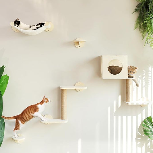 FUKUMARU Cat Wall Shelves, 5-Piece Stable Wooden Wall-Mounted Furniture Set, Kitty Climber with Hammock, House, Steps, Scratching Post (Beige)-PurrikoPets