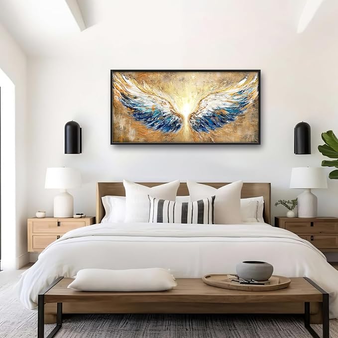Extra Large Angel Wings Framed Wall Art for Living Room,Oversized Golden Wings Pictures Wall Decor,Holy Gold Blue Canvas Print Painting Modern Artwork Bedroom Office Bathroom 60L" x 30W"-PurrikoPets