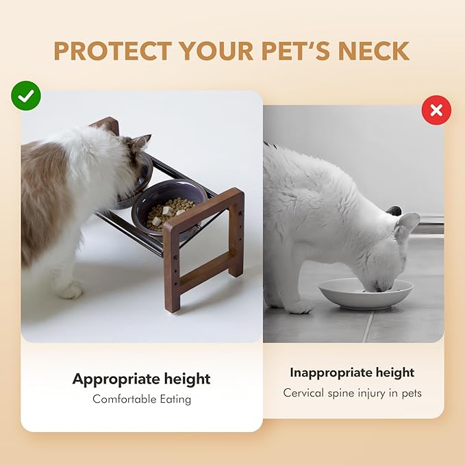 5.5inch Ceramic Adjustable Raised Double Bowls Set with Stand, 3 Heights Elevated, 2 Placement Options, Food and Water Dishes for Puppy, Cats（Double Bowls+Stand, Reactived Glaze -Grey-PurrikoPets