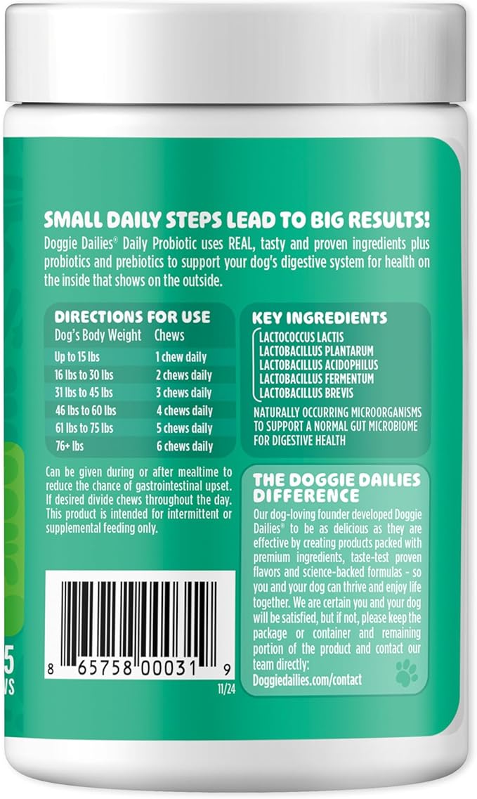 Doggie Dailies Probiotics for Dogs, Advanced Probiotics with Prebiotics, Promotes Digestive Health, Supports Immune System & Overall Health, Duck Flavor, 225 Chews-PurrikoPets