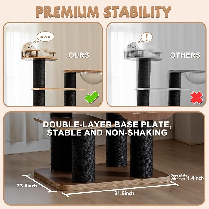 70.8'' Tall Luxury Cat Tree,All i,ne One Black Walnut Wood Modern Cat Tower for Indoor Large,Huge Multi-Level Cat Furniture with Scratching Posts,Condo,Cushion,Clear Bowl,Platform for Home Decoration-PurrikoPets