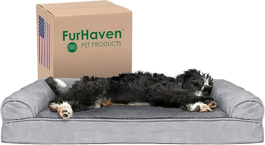 Furhaven Cooling Gel Dog Bed for Large/Medium Dogs w/ Removable Bolsters & Washable Cover, For Dogs Up to 55 lbs - Plush & Suede Sofa - Gray, Large-PurrikoPets
