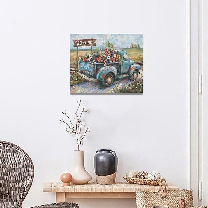 Farmhouse Truck Wall Art Rustic Country Wildflowers Wall Decor Road Flowers Landscape Pictures Canvas Print Painting Artwork for Bathroom Living Room Bedroom 16"x20"-PurrikoPets
