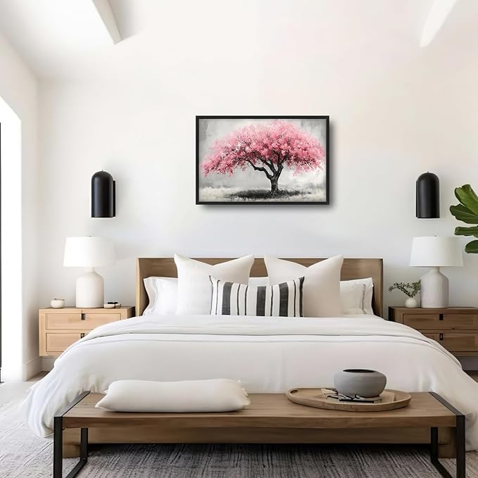 Extra Large Framed Pink Tree Wall Art,Abstract Tree of Life Wall Decor,Pink and Grey Pictures for Living Room,Canvas Print Painting Modern Artwork Bedroom Office Bathroom Home Decor 36L x24W-PurrikoPets