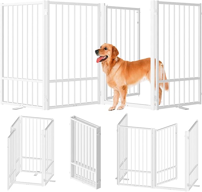 Full Metal Freestanding Dog Gate with Door, 36''Height Foldable Pet Dog Fence for Indoor & Outdoor, 4 Panels Extra Wide Free Standing TallDog Gates for Doorways,House,Stairs,Porch,Deck,Yard-PurrikoPets