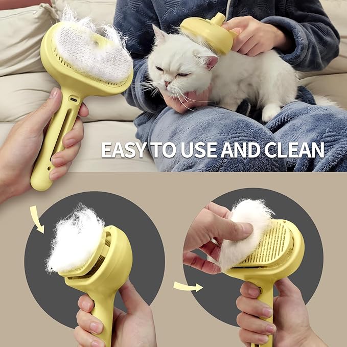 3 In 1 Steamy Brush with Release Button and Tank, Anti-Static Pet Brush for Long and Short Hair Pets to Remove Tangles and Loose Fur (Yellow)-PurrikoPets