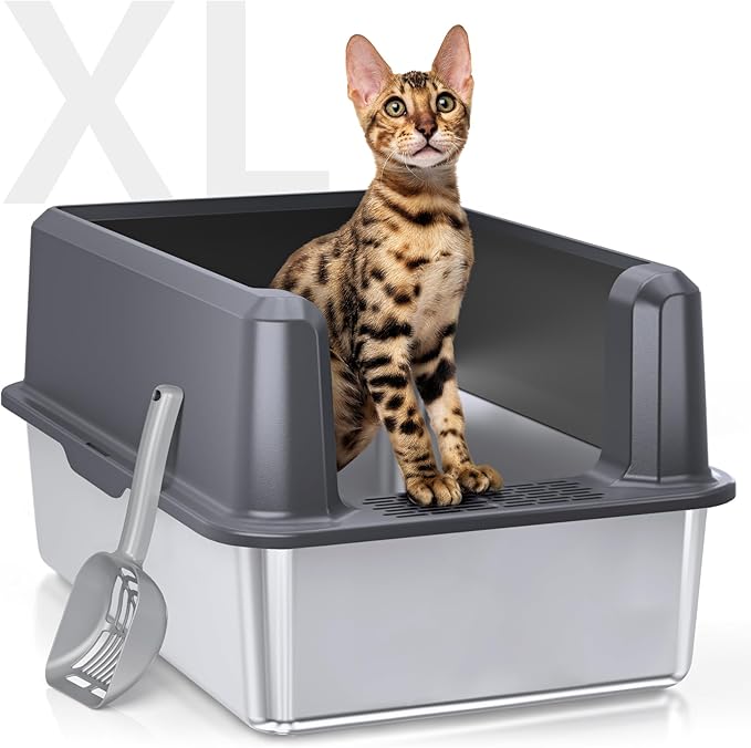 Enclosed Stainless Steel Cat Litter Box with Lid, XL Extra Large Litter Box for Big Cats, Metal Litter Pan High Sided, Never Absorbs Odors, Anti-Urine Leakage, Easy Cleaning, Include Scoop-PurrikoPets