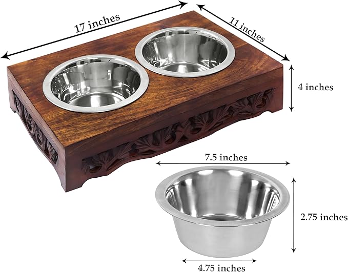 Elevated Pet Feeder for Dogs and Cats - Scroll Carved Wood Raised Dog Bowl Stand - Pet Feeding Stand with Two Steel Bowls - Raised Dog Bowl for Food and Water - Pet Feeding Station -17x11x4- IRONGATE-PurrikoPets