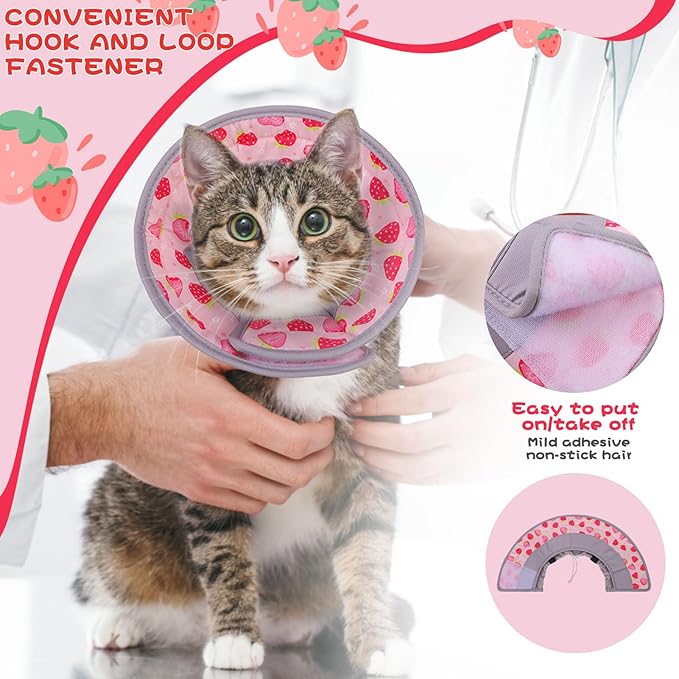 EXPAWLORER Cat Recovery Cone Collar- Soft Adjustable Pet Collar for After Surgery, Waterproof Elizabethan Protective Collar, Stop Licking Donut for Small Medium Kittens (Strawberries M (8.5-12 in))-PurrikoPets