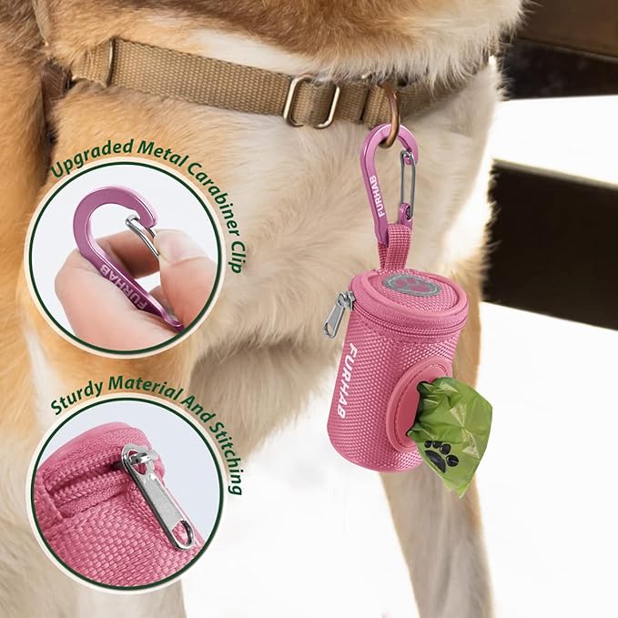 Dog Poop Bag Holder for Leash Doggie Waste Bag Dispenser Soft Fabric Puppy Potty Carrier Small Doggy Zipper Pouch with Carabiner Clip 1680D Nylon Oxford with 1 Roll of Pet Trash Bags, Pink-PurrikoPets