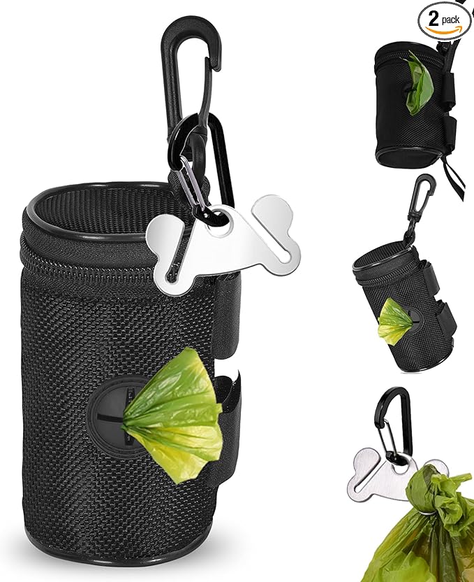Dog Poop Bag Holder for Leash Attachment - Waste Bag Dispenser for Leash - Fits Any Dog Leash - Portable Set with Hand Free Holder Metal Carrier, Black Round Shape-PurrikoPets