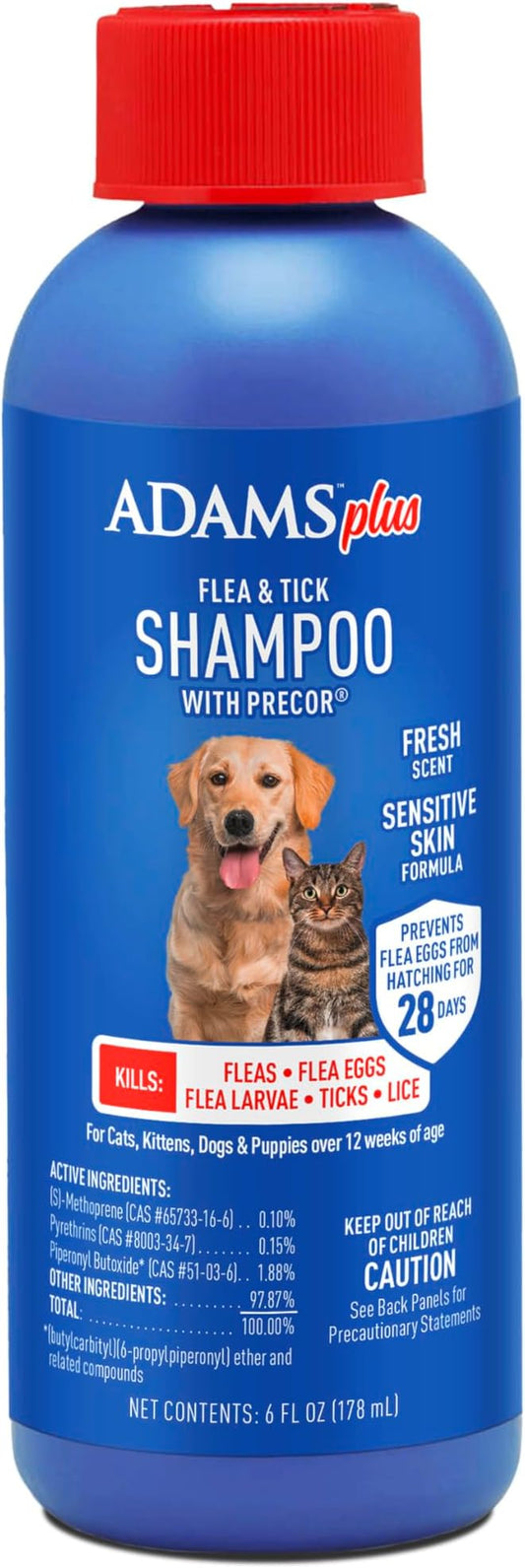 Adams Plus Flea & Tick Shampoo with Precor for Cats, Kittens, Dogs & Puppies Over 12 Weeks Of Age |Sensitive Skin Flea Treatment for Dogs & Cats |Kills Adult Fleas, Flea Eggs, Ticks, and Lice |6 Oz-PurrikoPets
