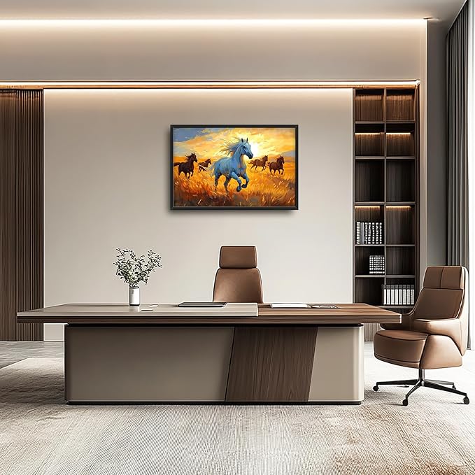 Framed Large Horse Wall Art for Living Room, Oversized Running Horses Wall Decor, Sunset Field Landscape Canvas Painting Home Decoration for Living Room Bedroom Dining Room Office 36"x24"-PurrikoPets