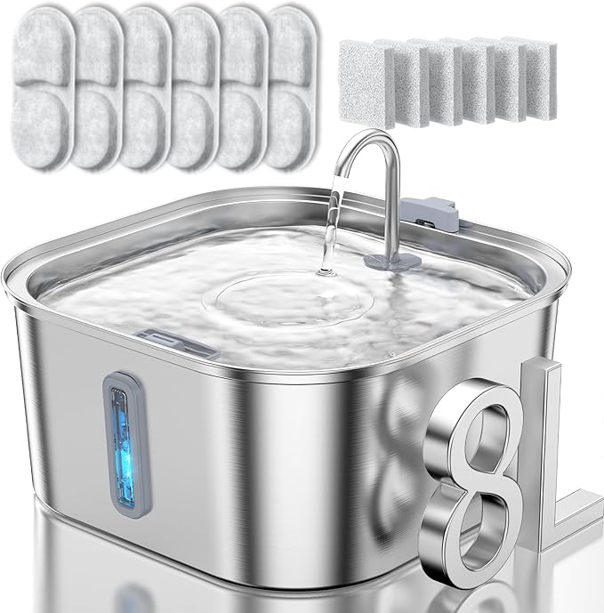 Dog Water Fountain for Large Dogs, 8L/2.1Gal Stainless Steel Pet Water Fountain with Water Level Window, Automatic Dog Water Bowl Dispenser for S-L Dogs and Multi-Pets (with 6pcs Filters)-PurrikoPets