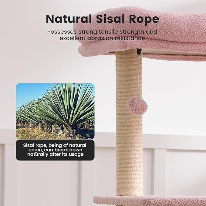 Gardner Pet 65in Heavy Duty Cat Tree Tower for Large Cats, Multi-Level Cat Furniture with Replaceable Sisal Scratching Post, Hammock | Extra-Large Platform & Condo (Pink&Green, Basic φ:2.84")-PurrikoPets