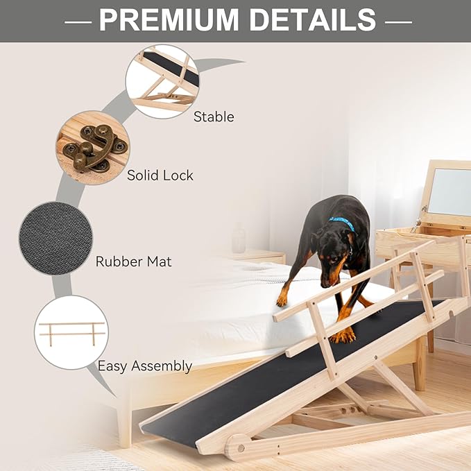 Folding Wooden Dog Ramp for Bed, Couch & Car,45IN Long- 5 Level Adjustable Pet Ramp, Non-Slip Rubber Mat, 17.7'' Extra Wide - Supports Small & Large Senior Dogs & Cats up to 200 lbs-PurrikoPets