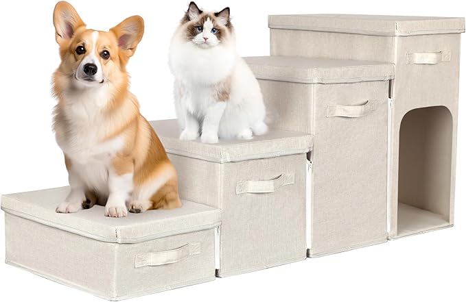 Dog Stairs with Storage, Folding Pet Steps with Zip for Small Dogs and Cats, 4-Step Pet Stairs with Pet House for High Bed, Couch and Car Ramp, Up to 200 Lbs (Beige, 4 Steps with Condo)-PurrikoPets