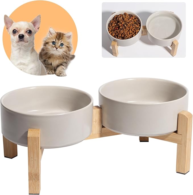 Elevated Ceramic Dog Bowl Set - Raised Feeding Bowls with Non-Slip Bamboo Stand - Small Pet Dishes for Food and Water - Ideal for Cats and Puppies - 16.23 OZ - 2 Cups - 480 ML-PurrikoPets