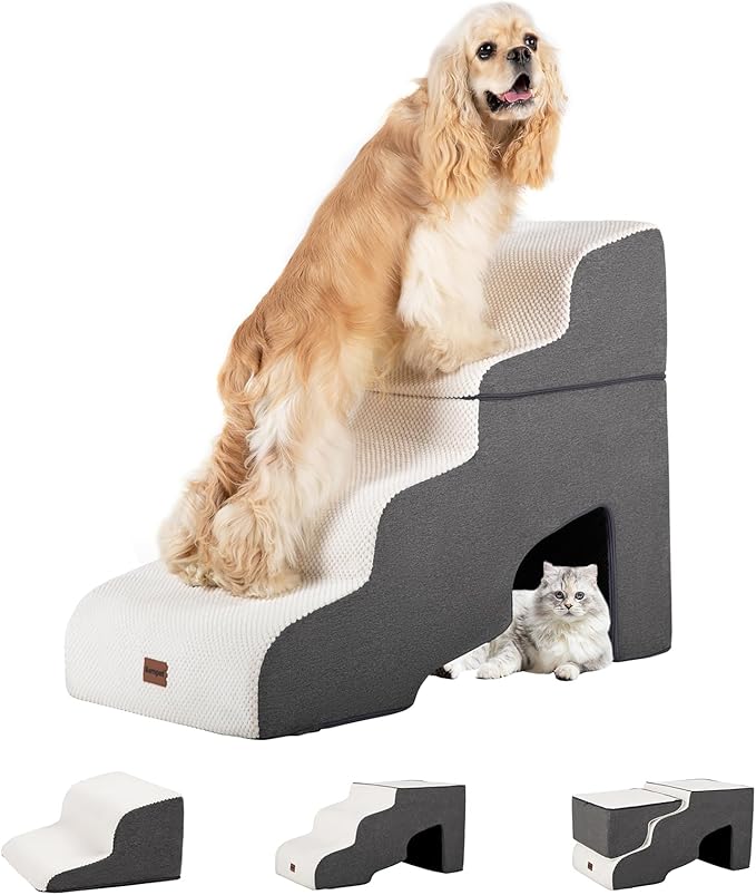 Dog Stairs for High Beds with Tunnel, 4-Step Dog Steps for Small Dogs and Cats, Foldable Pet Stairs for High Bed Climbing, Non-Slip Balanced Pet Step Indoor, Beige-PurrikoPets