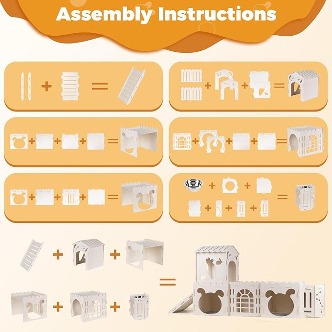 Extra Large Rabbit House, Wooden Bunny House Hideout with 4 Houses and Hay Feeder Indoor, Rabbit Guinea Pig Hideout Multistory Climbing Tower Sturdy Wooden Castle, Small Animal Hideaway Tunnel-PurrikoPets