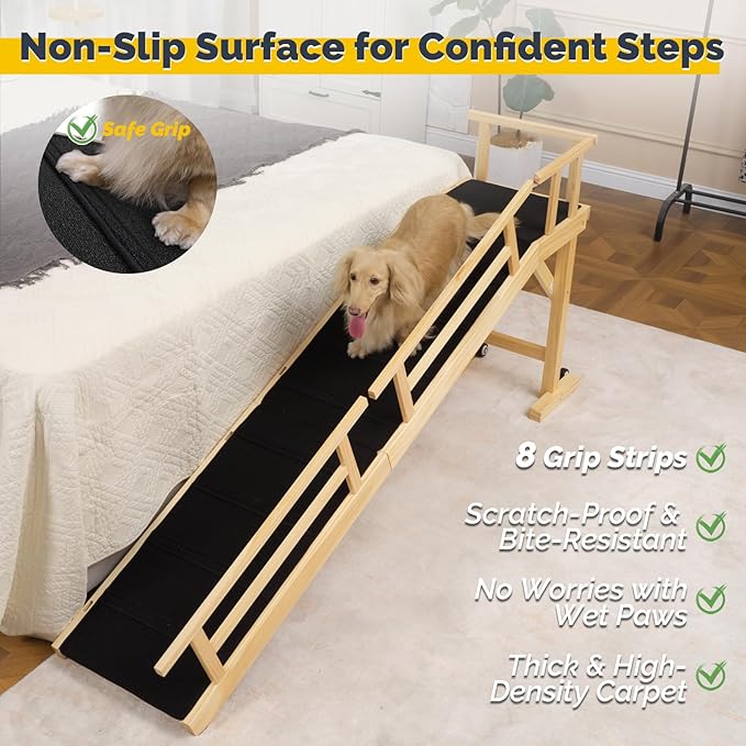 Dog Ramp for Bed or Couch, Wooden Pet Ramp with 20° Gentle Slope, Removable Side Rails, Non-Slip Surface, Top Platform & Wheels, Safe Bed Ramp for Small, Medium & Senior Dogs, 74" Long, Natural-PurrikoPets