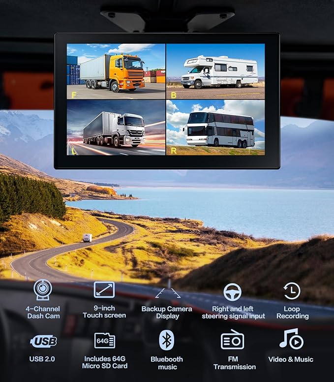 4 Channel 1080p Backup Camera Dash Cam for RV/Truck/Trailer/Van/SUV/Cars,10.2 Inch Touch Screen Quad Split Parking Monitor with DVR Recording/Playback/Bluetooth/FM Radio/Music/Video Player-PurrikoPets
