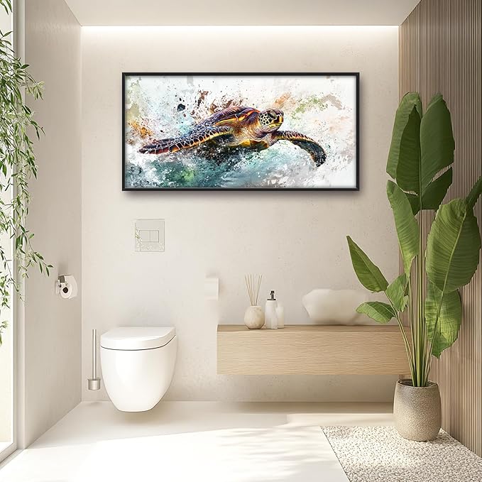 Extra Large Framed Sea Turtle Wall Art,Oversized Abstract Colorful Sea Nautical Wall Decor Pictures for Living Room,Canvas Print Painting Modern Artwork Bedroom Office Bathroom Home Decor 60L x30W-PurrikoPets