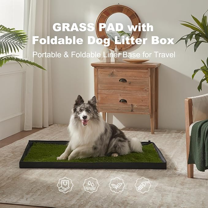Dog Grass Pad with Foldable Dog Litter Box, Extra Large Liner Base (44”×34”) for Balcony, 2 Artficial Grass Pee Pads for Dogs, Pee Pad Holder, Potty Training-PurrikoPets