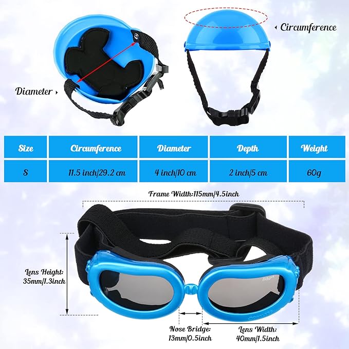 Frienda Dog Helmet and Goggles, UV Protection Doggy Sunglasses and 4 Inch Padded Puppy Motorcycle Helmet Adorable Dog Goggles with Adjustable Belt for Small Dogs Puppy Riding(Blue,S)-PurrikoPets