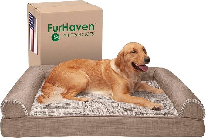 Furhaven Cooling Gel Dog Bed for Large Dogs w/ Removable Bolsters & Washable Cover, For Dogs Up to 95 lbs - Luxe Faux Fur & Performance Linen Sofa - Woodsmoke, Jumbo/XL-PurrikoPets