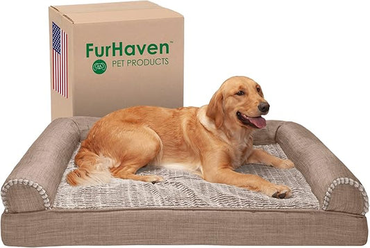 Furhaven Cooling Gel Dog Bed for Large Dogs w/ Removable Bolsters & Washable Cover, For Dogs Up to 95 lbs - Luxe Faux Fur & Performance Linen Sofa - Woodsmoke, Jumbo/XL-PurrikoPets