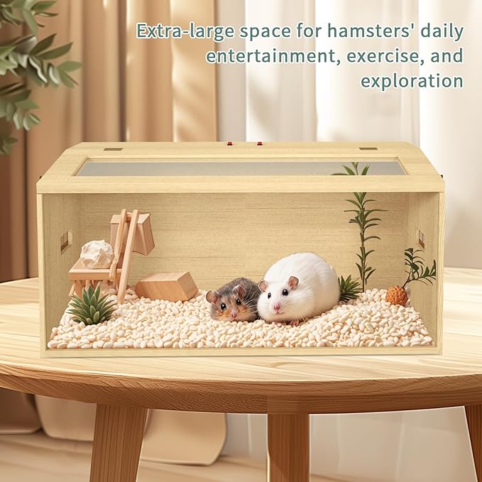 32" Hamster Habitat Enclosure, Top Opening Lockable Roof Door, Gerbil Dwarf Hamster Cage with Hygrometer, Chewproof Syrian Hamster Cage for Mice, Small Animal, (Wooden, 32" L x 16" W x 16" H)-PurrikoPets