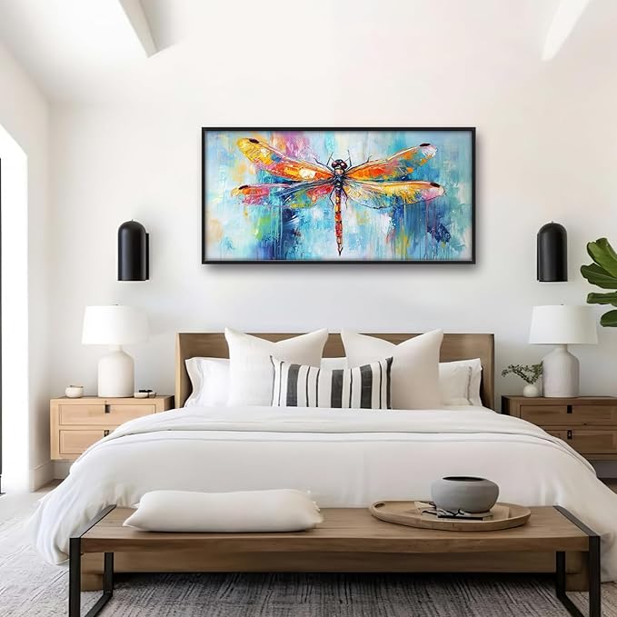 Extra Large Abstract Dragonfly Framed Wall Art for Living Room,Oversized Colorful Dragonfly Pictures Wall Decor,Teal Canvas Print Painting Modern Artwork Bedroom Office Bathroom 60L" x 30W"-PurrikoPets