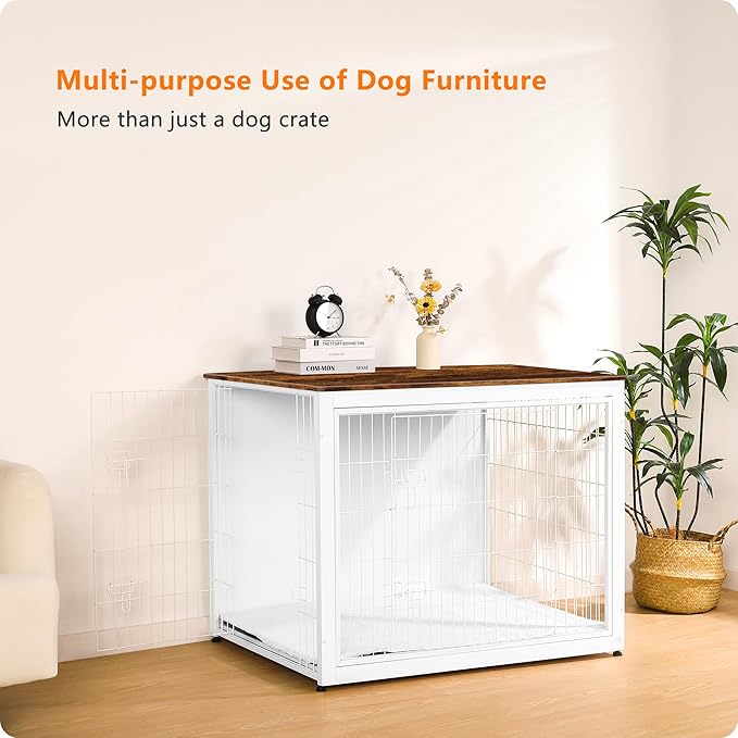DWANTON Dog Crate Furniture with Cushion, Wooden Kennel Table with Double Doors, Indoor Dog House, Extra Large Size, 43.3" L, White+Rustic Brown-PurrikoPets