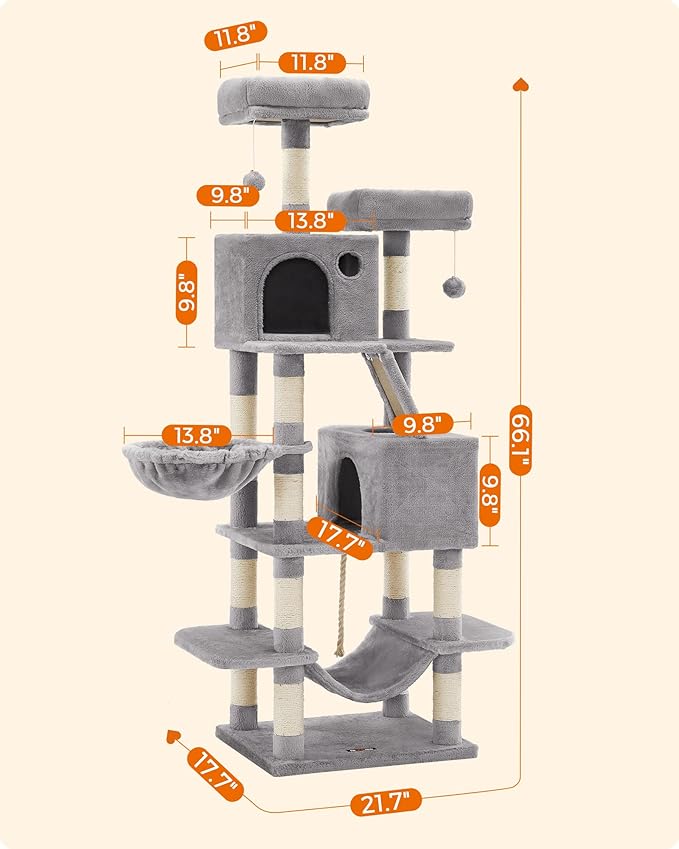 Feandrea Cat Tree, 66.1-Inch Large Cat Tower with 13 Scratching Posts, 2 Perches, 2 Caves, Basket, Hammock, Pompoms, Multi-Level Plush Cat Condo for Indoor Cats, Light Gray UPCT165W01-PurrikoPets