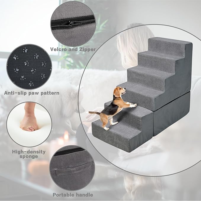Dog Steps for High Beds 30-32" H - 6-Step Dog Stairs for Small Dogs, 33D Foam Pet Steps for High Bed with Non-Slip Bottom and Washable Cover, Dogs Ramp for Bed Indoor, Grey-PurrikoPets