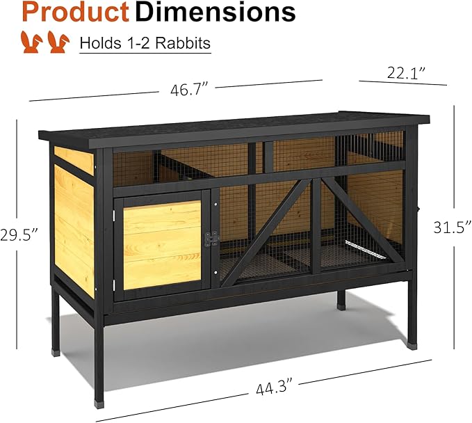 46.7" Rabbit Cage Elevated Bunny Cage Indoor, Outdoor Rabbit Hutch Hamster Cages for Small Animals, Wooden Guinea Pig Cages with Removable Tray & Waterproof Asphalt Roof & Bottom Wire Mesh-PurrikoPets