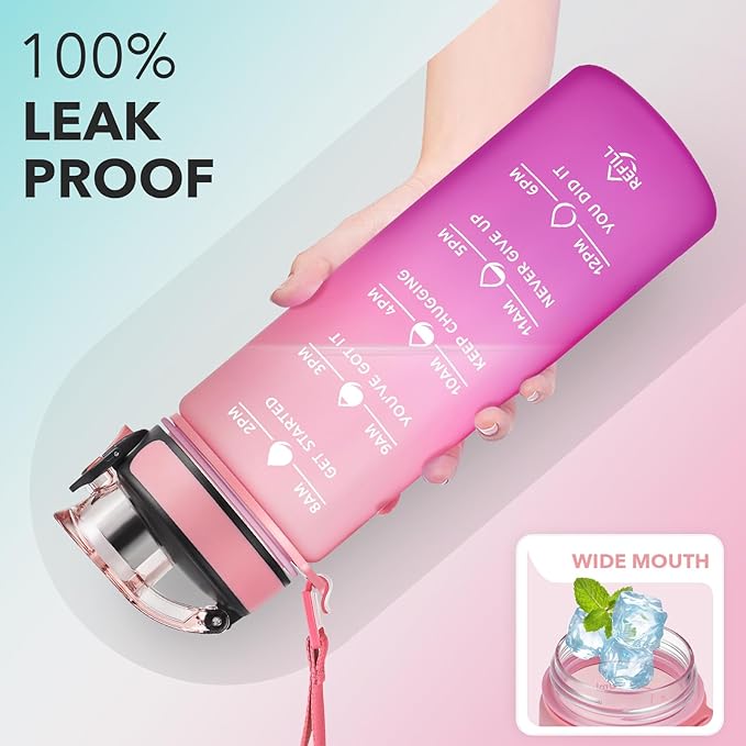 Enerbone Water Bottle, Leakproof BPA & Toxic Free, Motivational Water Bottle with Times to Drink and Straw, Fitness Sports Water Bottle with Strap for Office, Gym, Outdoor Sports-PurrikoPets