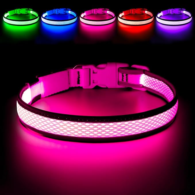Flashseen LED Dog Collar, USB Rechargeable Light Up Dog Collar Lights, Adjustable Comfortable Soft Mesh Safety Pet Collar for Small, Medium, Large Dogs(Medium, Candy Pink)-PurrikoPets