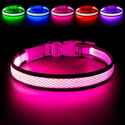 Flashseen LED Dog Collar, USB Rechargeable Light Up Dog Collar Lights, Adjustable Comfortable Soft Mesh Safety Pet Collar for Small, Medium, Large Dogs(Medium, Candy Pink)-PurrikoPets