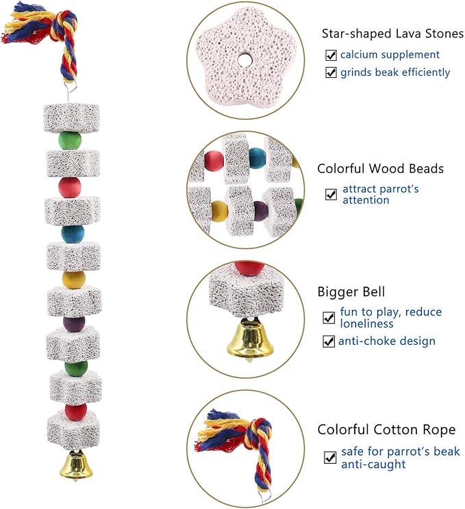 2 Pack Mineral Block Chew Toys with Colorful Beads and a Bell, Bird Beak Grinding Stone, Cage Accessories for African Grey, Budgies, Cockatiels, Small to Medium Birds-PurrikoPets