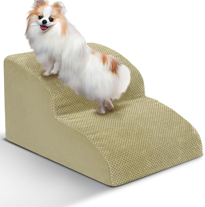 Dog Stairs for Small Dogs - High Density Foam Pet Steps, Extra Wide Dog Ramp with Non-Slip Bottom for High Beds, Couch and Sofa, Best for Dogs Injured, Older Doggy Cats,2 Steps, Camel-PurrikoPets