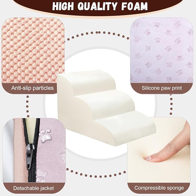 Dog Stairs for Small Dogs - High Density Foam Pet Steps, Extra Wide Dog Ramp with Non-Slip Bottom for High Beds, Couch and Sofa, Best for Dogs Injured, Older Doggy Cats,3 Steps, Pink-PurrikoPets
