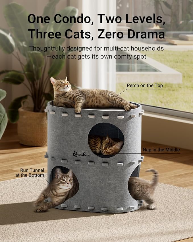 DownyPaws Cat House for Indoor Cats, 2-Storey Foldable Cat Bed Cave, Felt Cats Tunnel Bed Condo, Castle Kitten Cube Hideaway for Multicats, Scratch Resistant, Light Gray-PurrikoPets