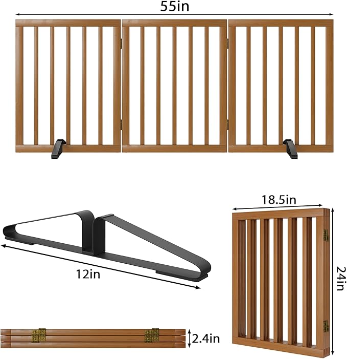 Freestanding Pet Gate Foldable Dog Gate (55 inches Wide) Walnut Bamboo Dog Gates for Stairs Doorways House (2 Support Feet Included)-PurrikoPets