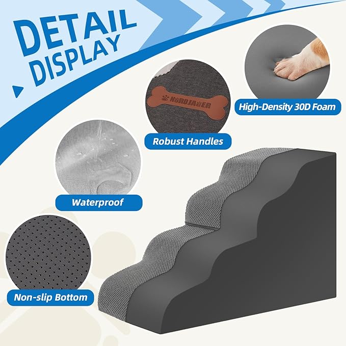 5-Step Spliceable Pet Stairs: Indoor& Outdoor Multi-Use with a Removable Cover and a Pocket, Best for Small Pets and Older Dogs Who Has Spine and Arthritis Issues to Get on High Beds, Grey（22.8" H-PurrikoPets
